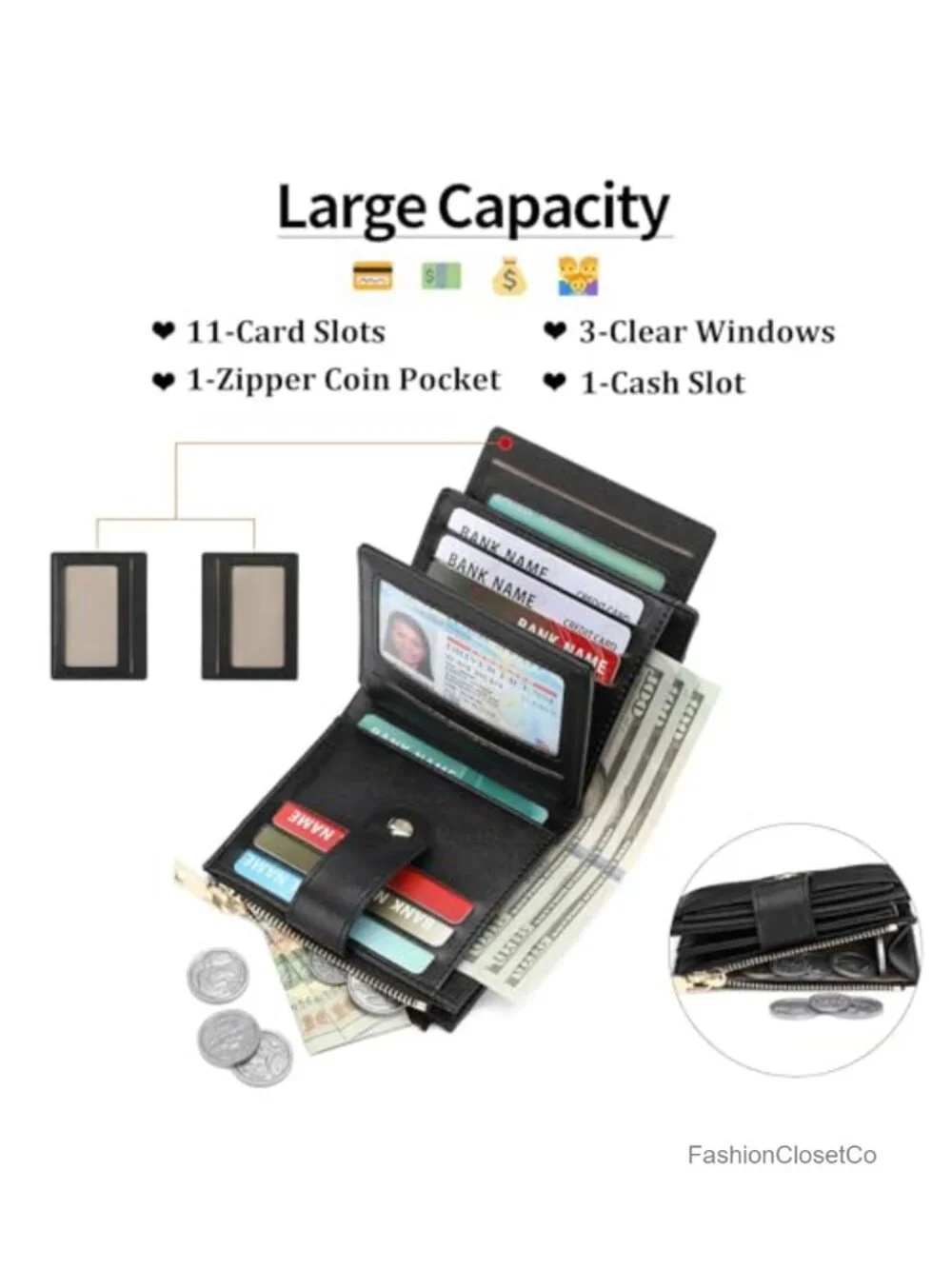 Small Women Wallet RFID Blocking Leather Bifold Compact Card Holder with Zipper